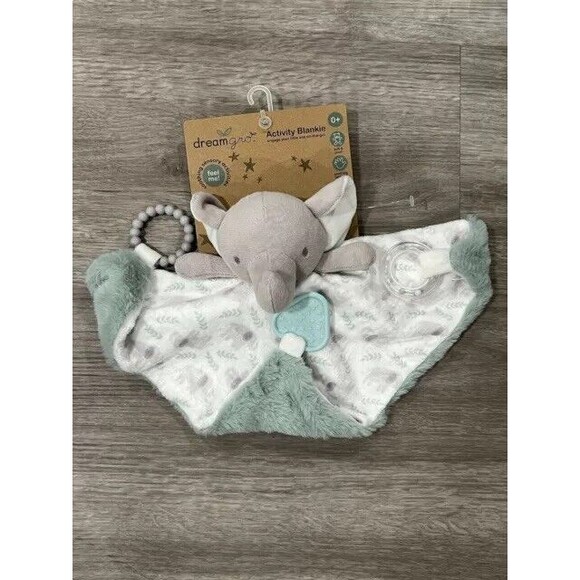 Dream Gro Activity Blankie Elephant Lovey Baby Security Blanket Gray And Green - Picture 3 of 5